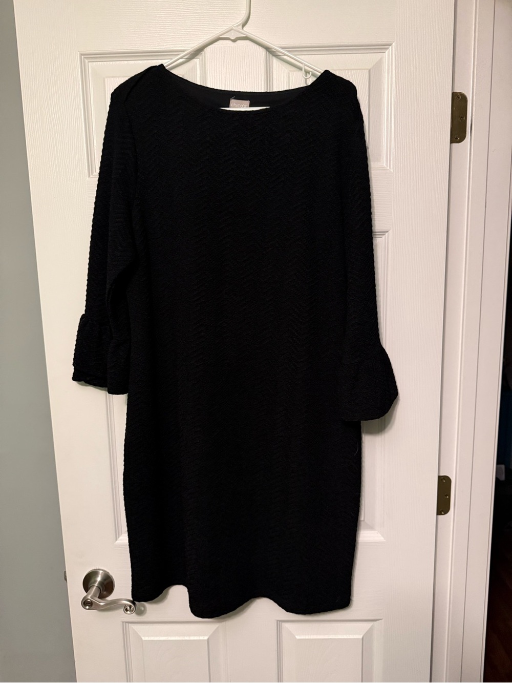 Chico's Black Textured Long-Sleeve Shift Dress with Ruffle Cuffs